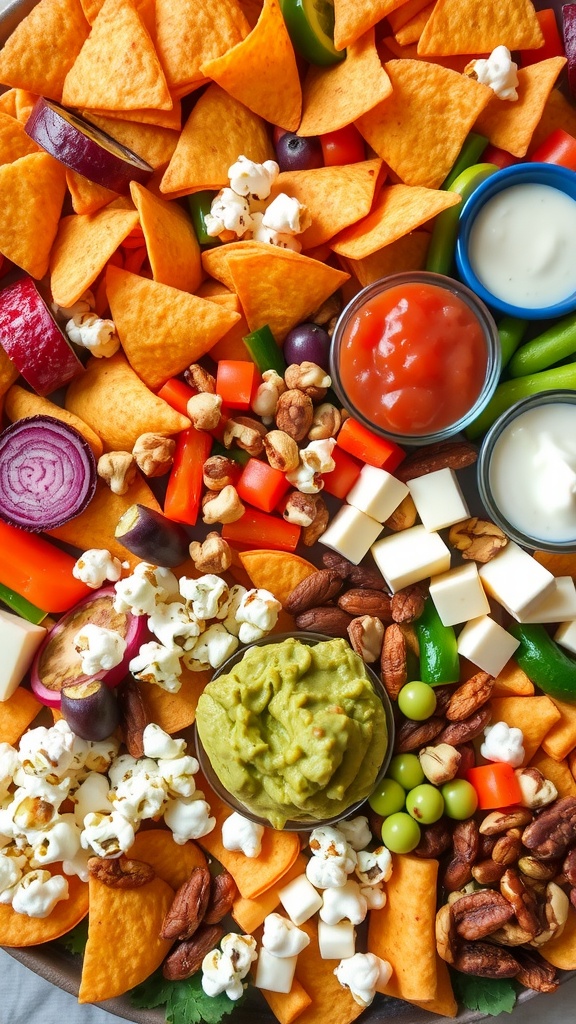 A colorful snack platter with tortilla chips, guacamole, vegetables, popcorn, nuts, and dressing.